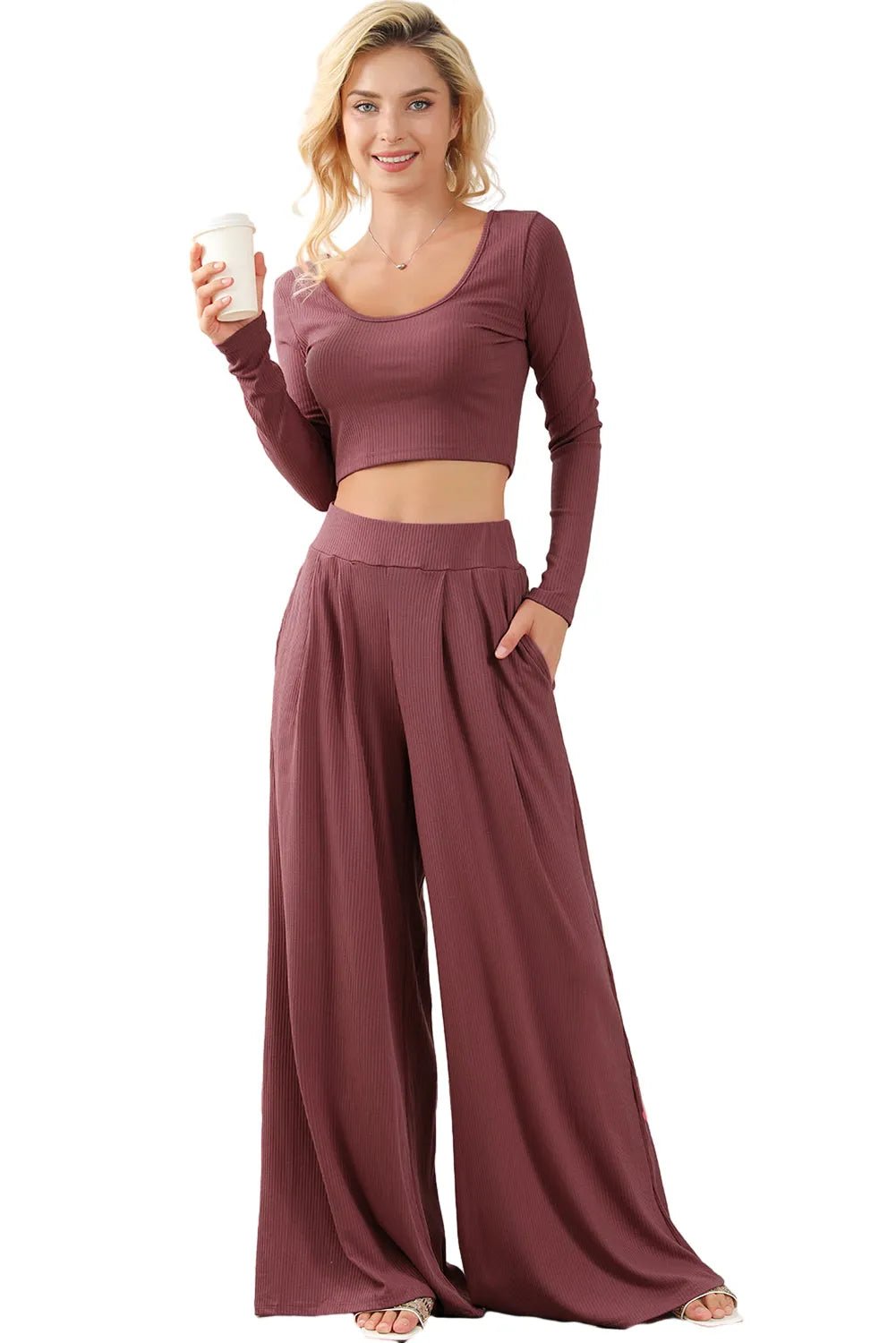 Solid Color Ribbed Crop Top Long Pants Set - Chic Meadow Boutique 