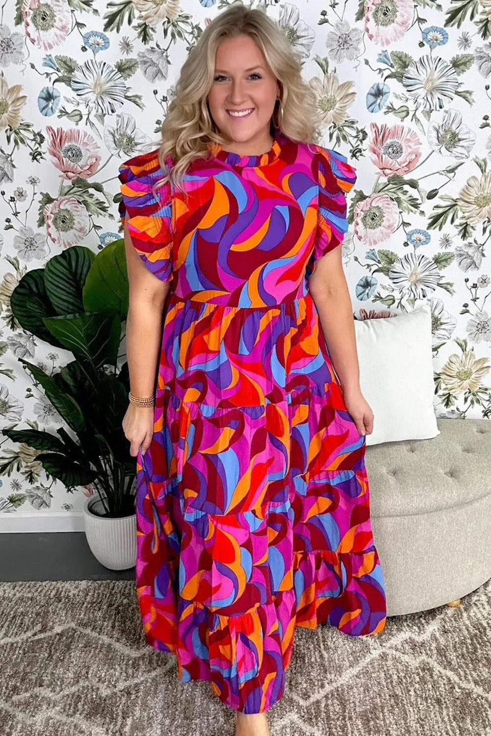 Plus Size/Plus Size Dresses/Plus Size Maxi Dresses Multicolour Plus Abstract Print Ruffled Mock Neck Tiered Maxi Dress