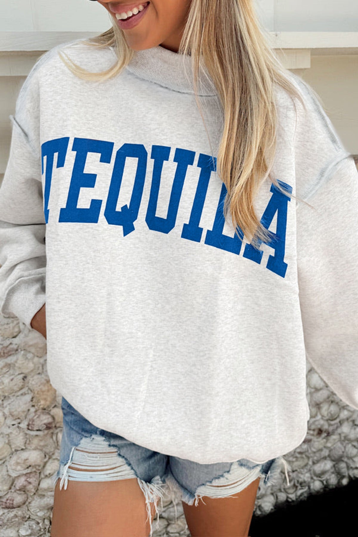 Light Grey TEQUILA/HUNGOVER Reversible Print Mock Neck Oversized Sweatshirt