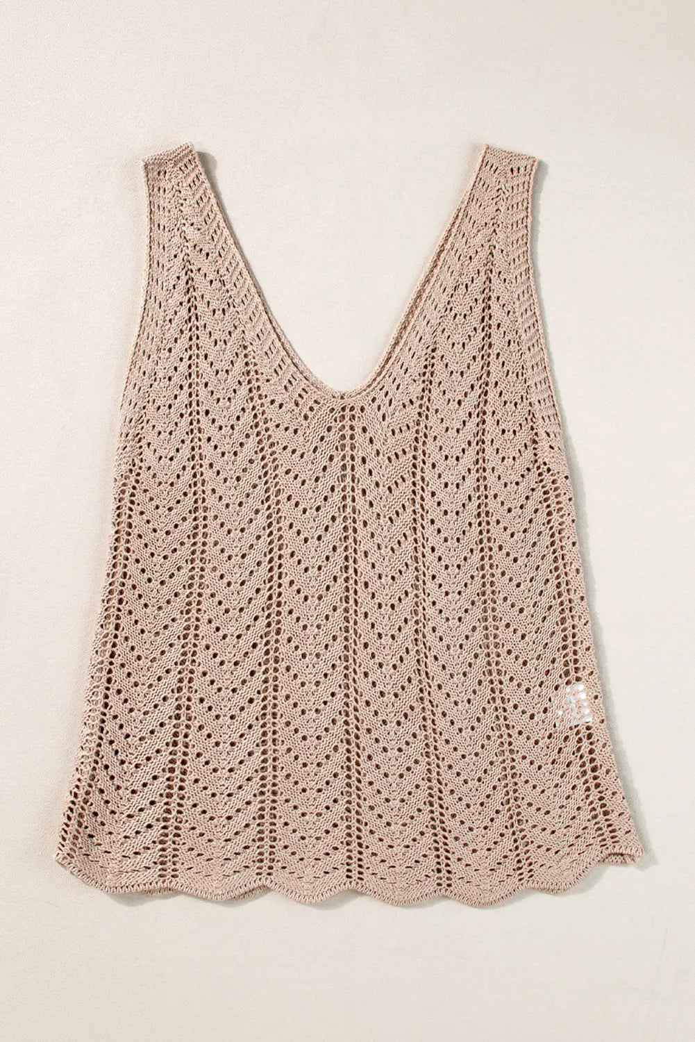 Pale Khaki Scalloped Hem V Neck Crochet Knit Vest - Chic Meadow Boutique 