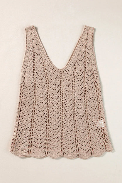 Pale Khaki Scalloped Hem V Neck Crochet Knit Vest - Chic Meadow Boutique 