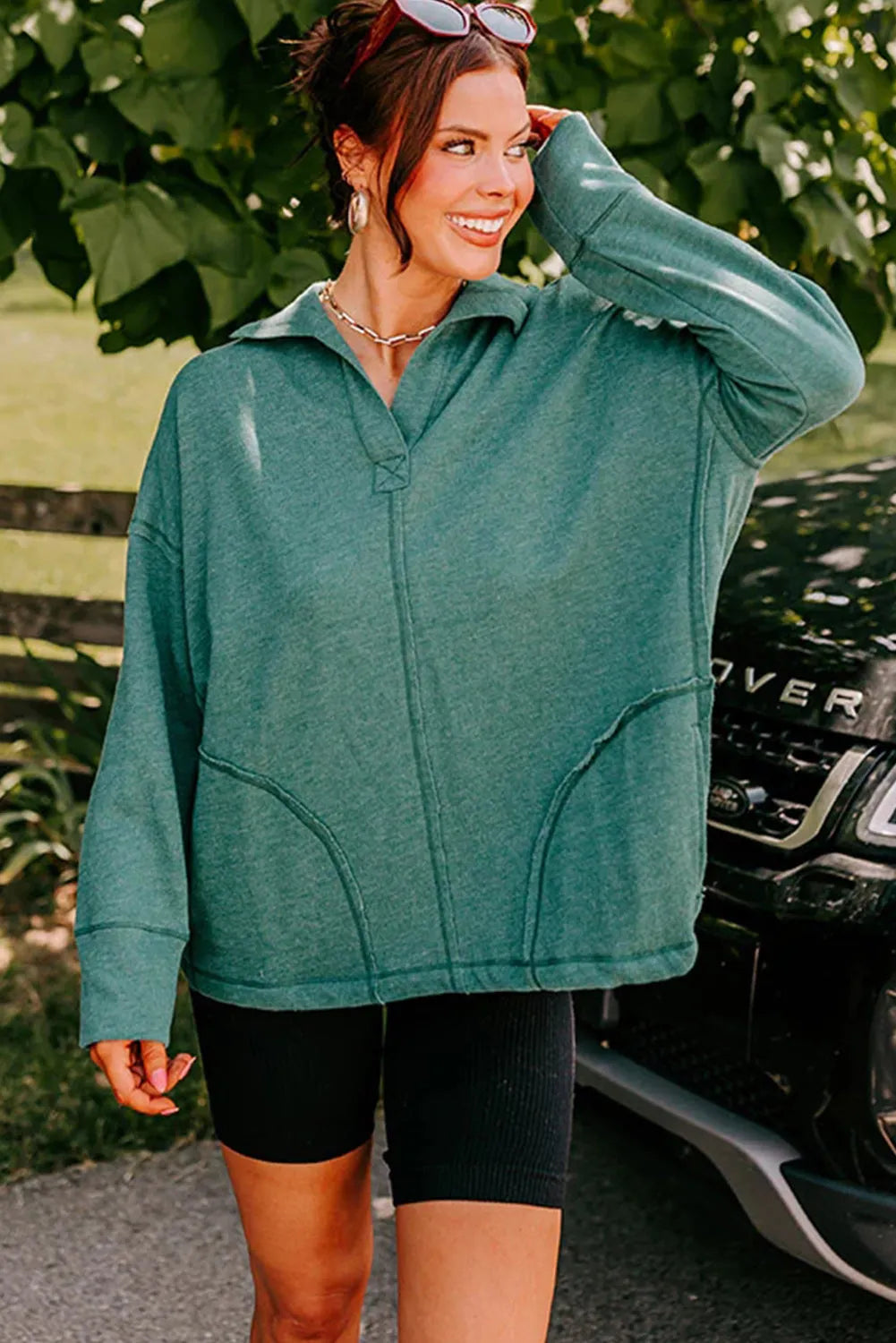 Evergreen Exposed Seam Collared Pocketed Loose Sweatshirt - Chic Meadow Boutique 