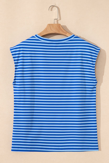 Sky Blue Stripe Ribbed Cap Sleeve Round Neck T Shirt
