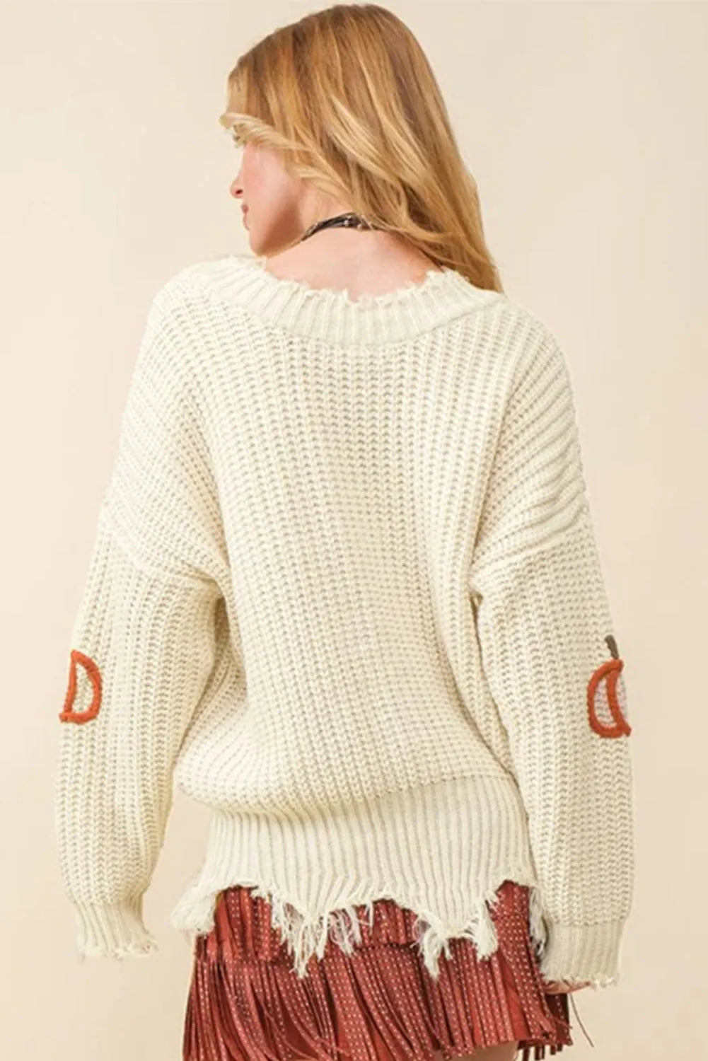 Beige Cable Knit Pumpkin Raw Hem V Neck Loose Sweater - Chic Meadow Boutique 