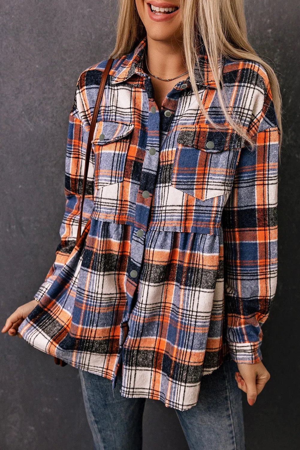 Outerwear/Plaid Shackets Multicolor / S / 100%Polyester Multicolor Plaid Button Down Ruffled Shirt Jacket