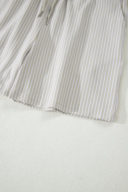 Khaki Stripe Dolman Sleeve Polo Shirt and Drawstring Shorts Set