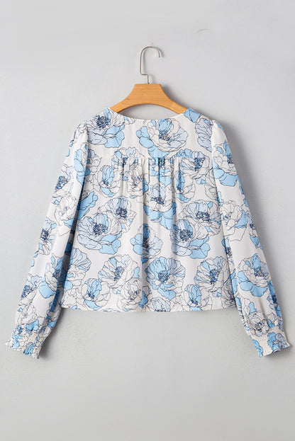 Sky Blue Floral Print Frilly Smocked Square Neck Long Sleeve Blouse