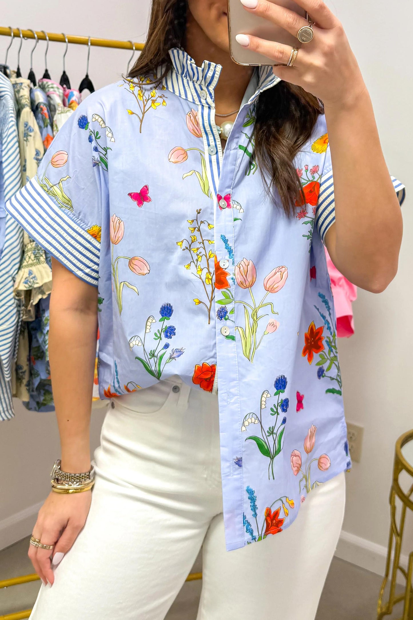 Sky Blue Floral Striped Patchwork Ruffled Collar Short Sleeve Shirt