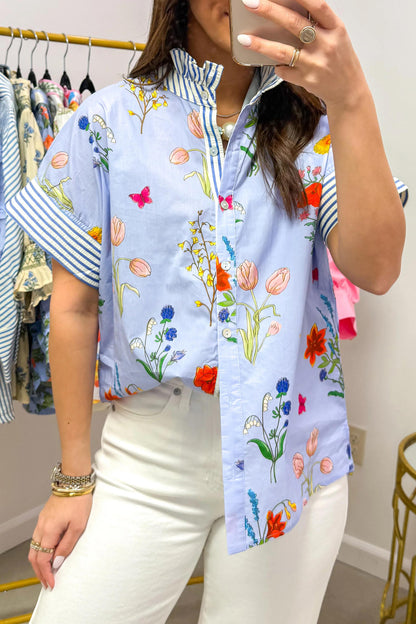 Sky Blue Floral Striped Patchwork Ruffled Collar Short Sleeve Shirt