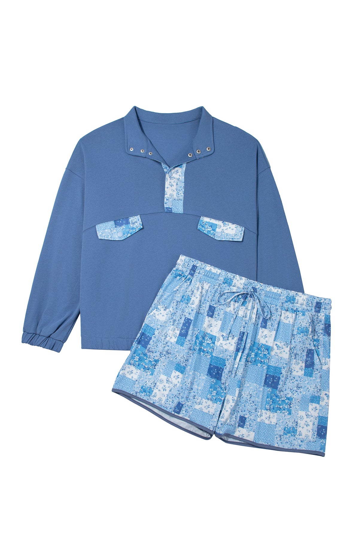Blue Floral Patchwork V-Neck Long Sleeve Short Bottoms Plus Size Set