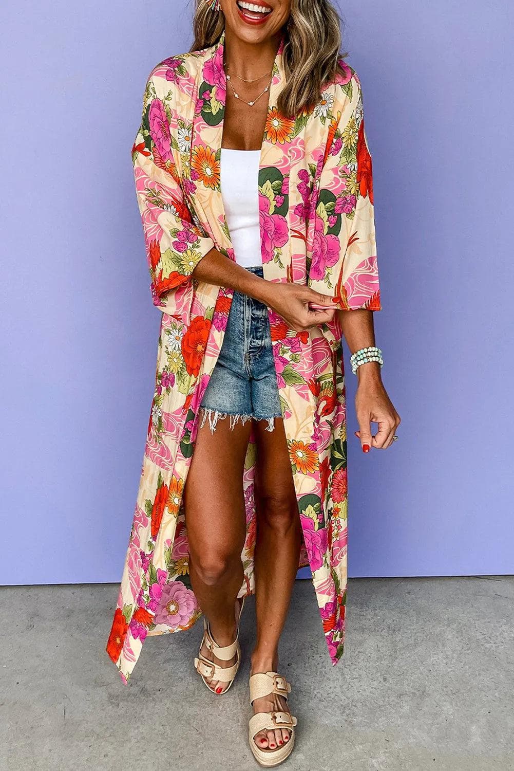 Outerwear/Kimonos Pink / S / 100%Polyester Pink Floral Allover Print Open Front Belted Duster Kimono