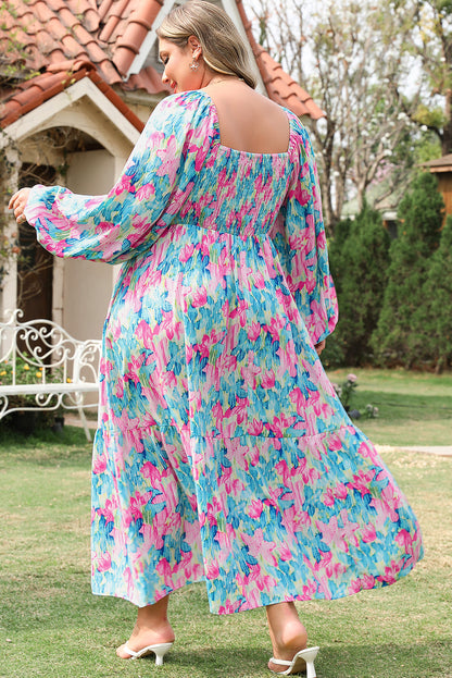 Sky Blue Floral Allover Print Shirred Square Neck Plus Size Maxi Dress