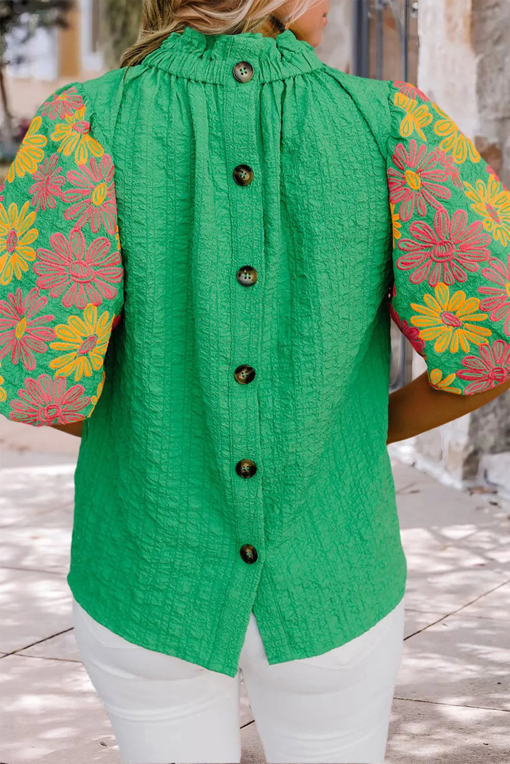 Bright Green Floral Puff Short Sleeve Ruffled Collar Button Back Top - Chic Meadow Boutique 