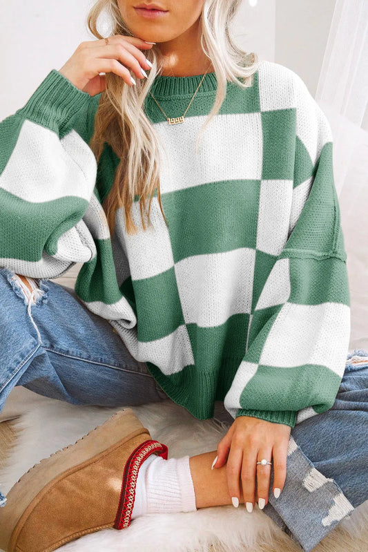 Green Checkered Bishop Sleeve Sweater - Chic Meadow Boutique 