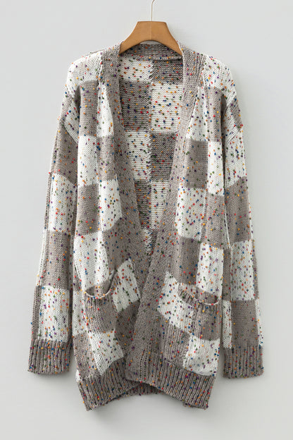 Brown Confetti Dot Checkered Print Open Cardigan with Pockets