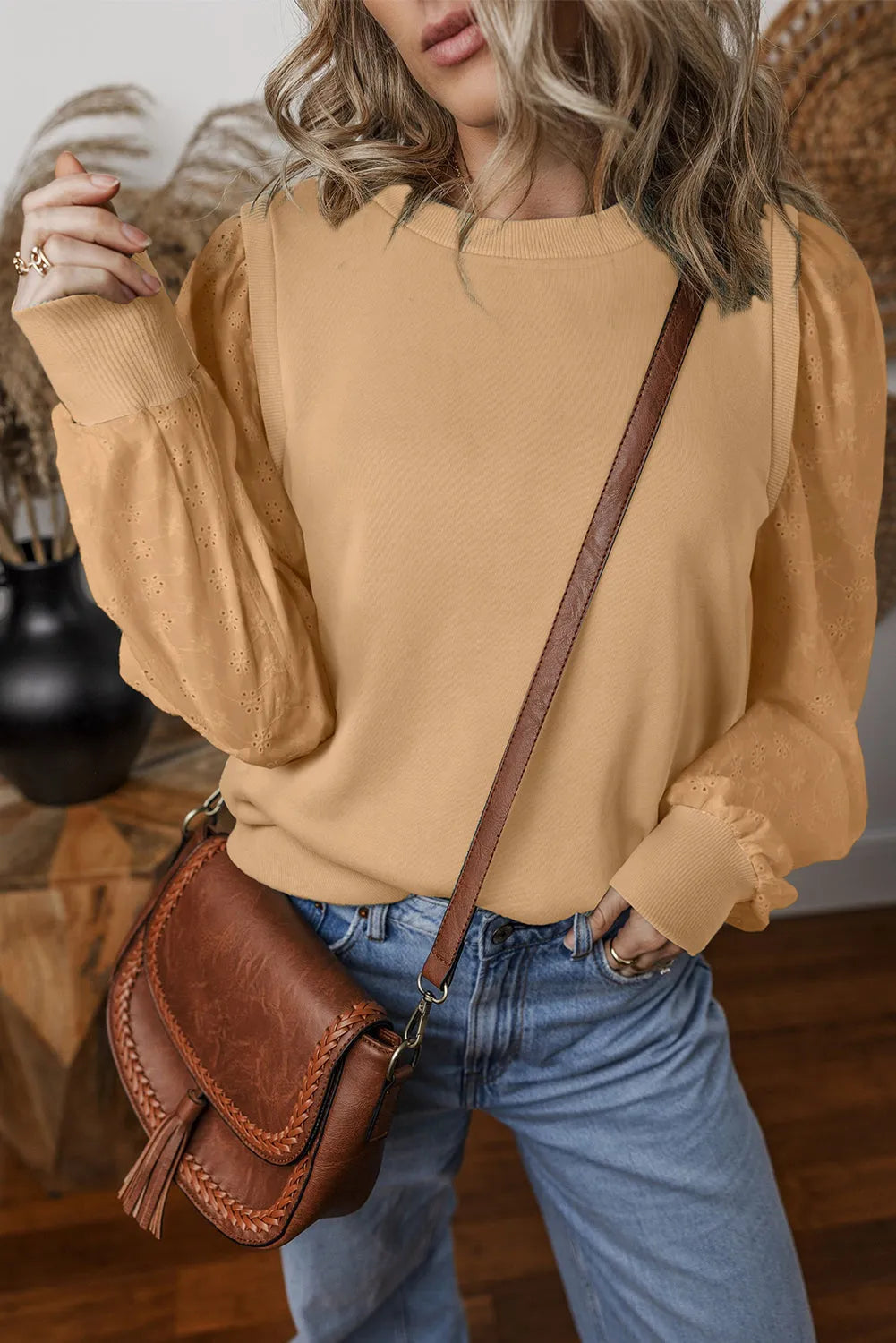 Pale Khaki Textured Patchwork Round Neck Sweatshirt - Chic Meadow Boutique 