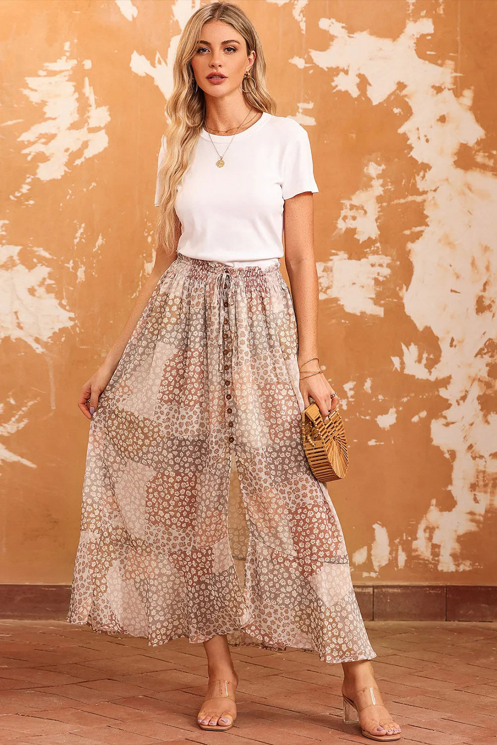 Apricot Boho Flower Print Smocked Waist Button Slit Maxi Skirt - Chic Meadow Boutique 