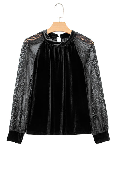 Color Black Solid Color Sheer Lace Long Sleeve Patchwork Stand Neck Velvet Blouse