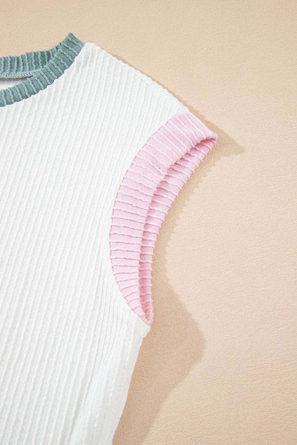 White Color Block Corded Knit Crew Neck Tee