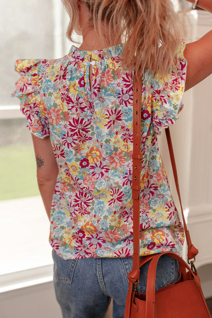 Multicolour Floral Pleated Detail Flutter Sleeve Blouse