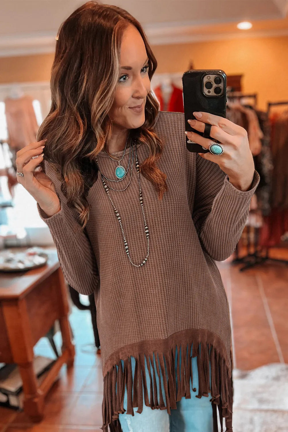 Coffee Waffle Knit Fringed High Low Loose Top - Chic Meadow Boutique 