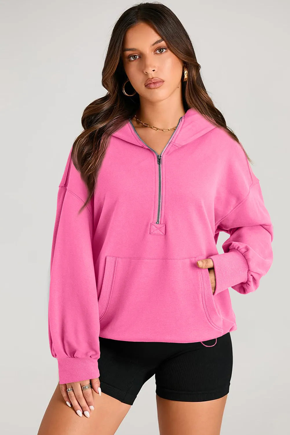 Bonbon Solid Kangaroo Pocket Half Zipper Oversized Hoodie - Chic Meadow Boutique 