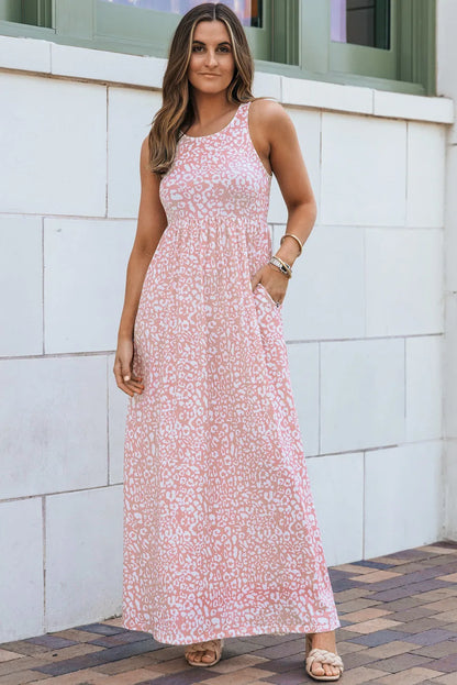 Pink Leopard Print Pocketed Sleeveless Maxi Dress - Chic Meadow Boutique 