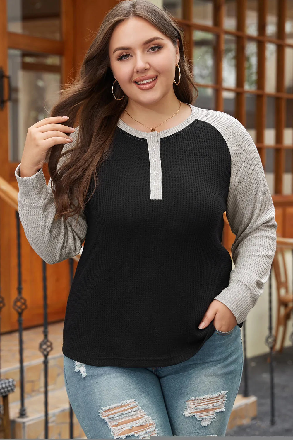 Black Color Contrast Waffle Knit Buttoned Plus Size Top - Chic Meadow Boutique 