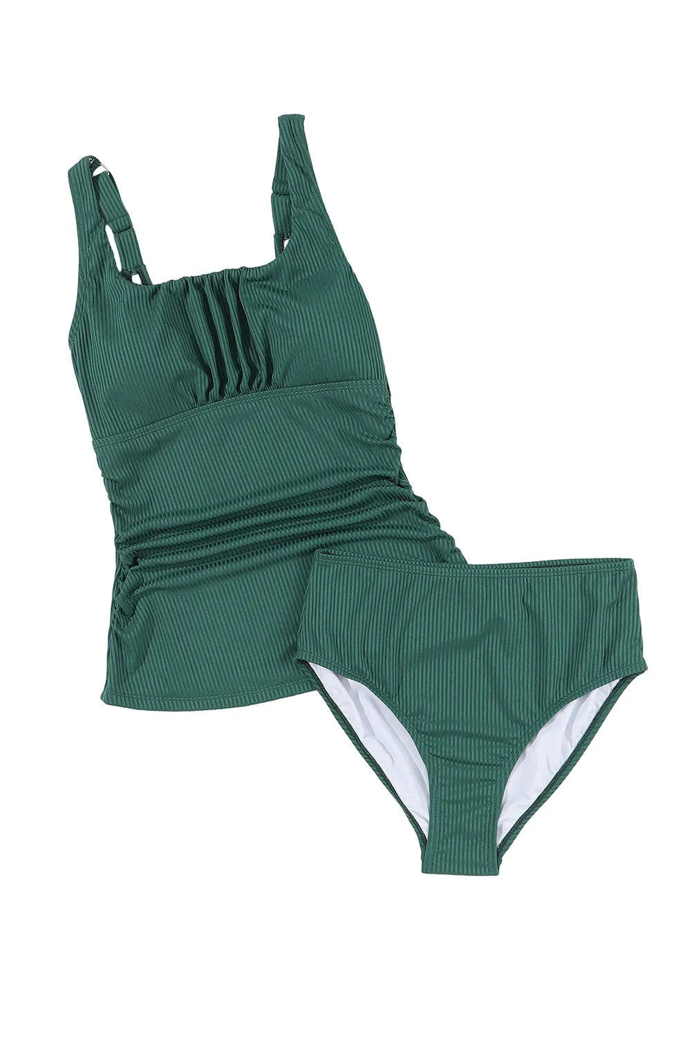 Blackish Green Ruched U Neck Ribbed Tankini - Chic Meadow Boutique 