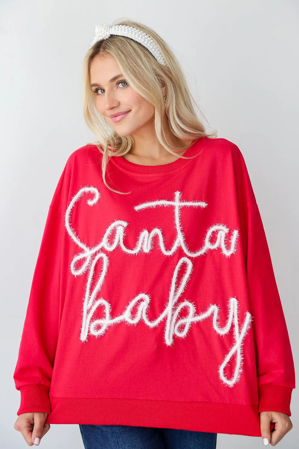 Fiery Red Christmas Santa Baby Tinsel Graphic Sweatshirt - Chic Meadow Boutique 