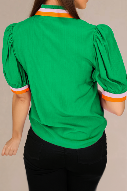 Bright Green Colorful Trim V Neck Short Sleeve Blouse