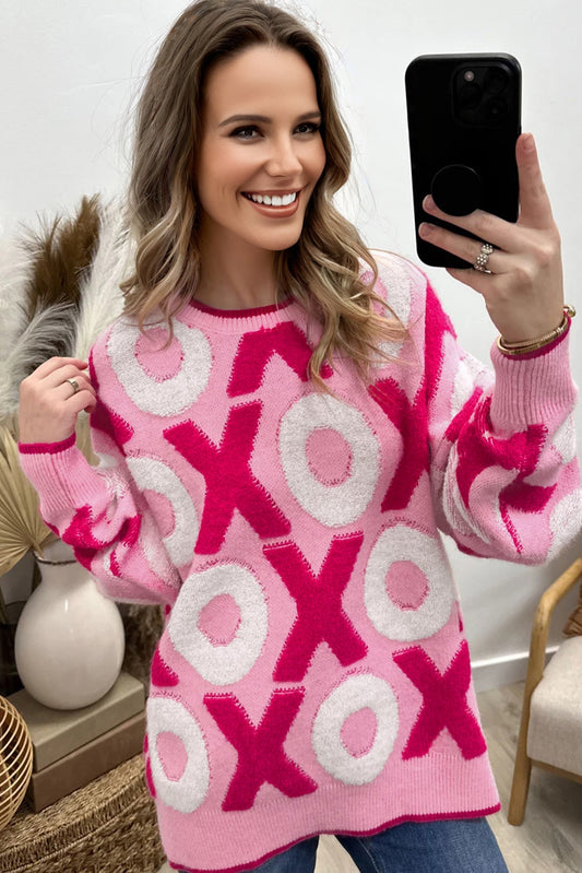 Pink XOXO Pattern Drop Shoulder Crewneck Valentines Sweater
