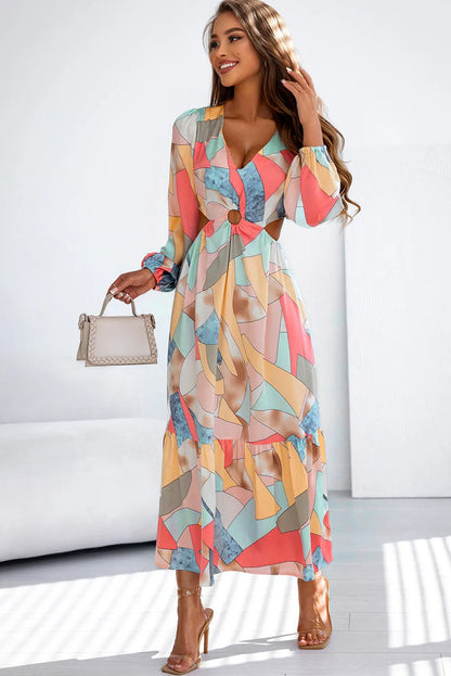 Multicolor Abstract Print O-ring Cut out Long Sleeve Maxi Dress - Chic Meadow Boutique 