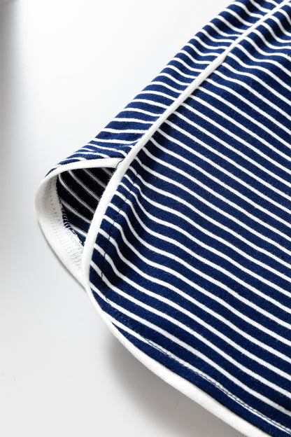 Blue Stripe Drop Shoulder Round Neck Long Sleeve Tee and Buttoned Shorts 2pcs Lounge Set