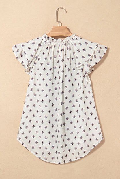 White Boho Pattern Tiered Ruffled Sleeve V Neck Buttoned Blouse