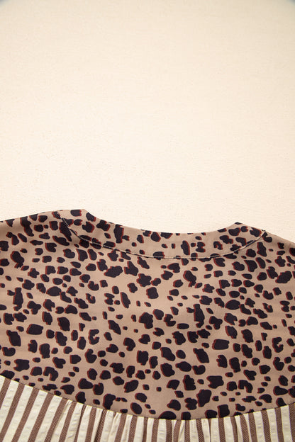 Khaki Stripe Square Button Leopard Trim Loose Bracelet Sleeve Shirt Dress