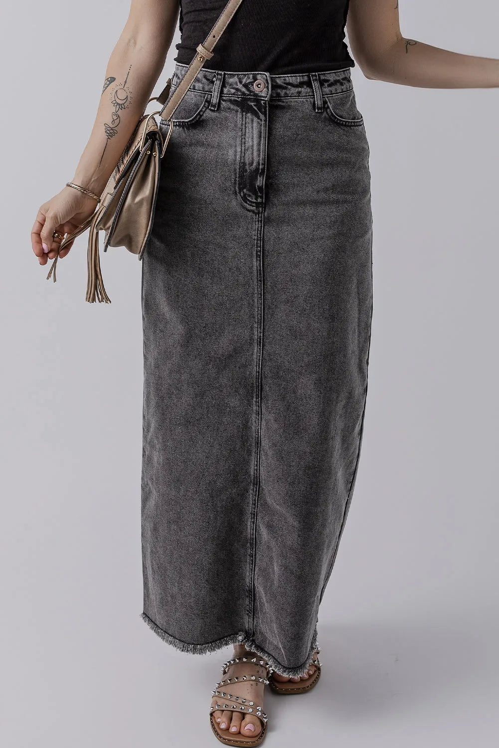 Dark Grey Denim Raw Hem Back Split High Waist Long Skirt - Chic Meadow Boutique 