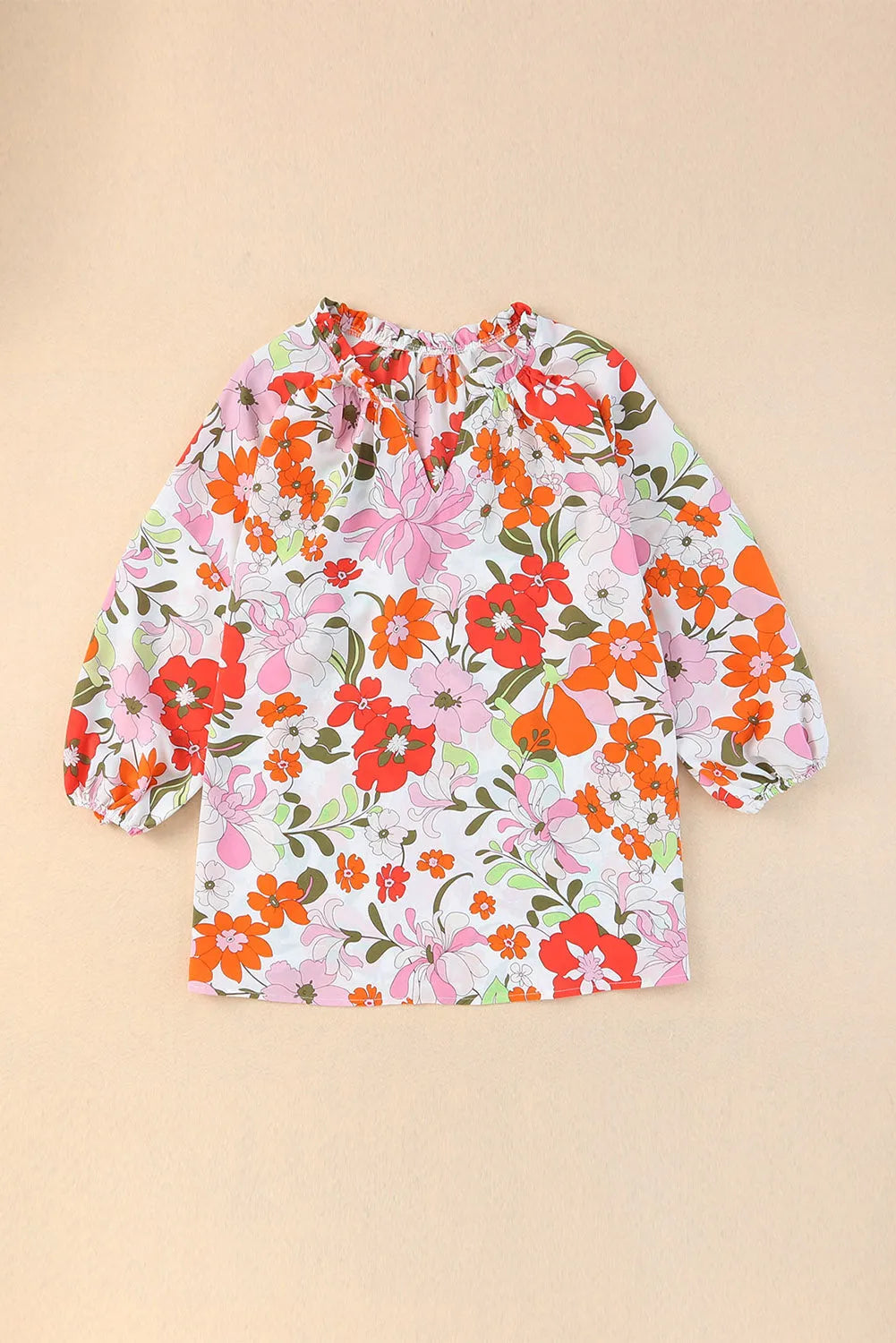 Orange Blooming Flowers Frill Trim Puff Sleeve Blouse - Chic Meadow Boutique 