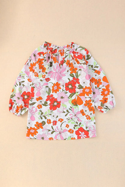 Orange Blooming Flowers Frill Trim Puff Sleeve Blouse - Chic Meadow Boutique 