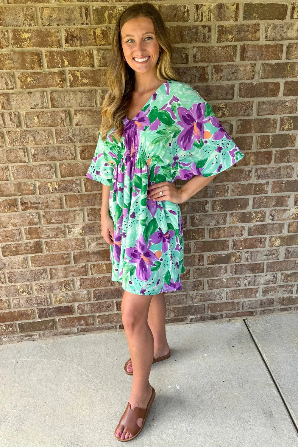 Dresses/Floral Dresses Green Boho Floral Half Sleeve V Neck Shirred Waist Mini Dress