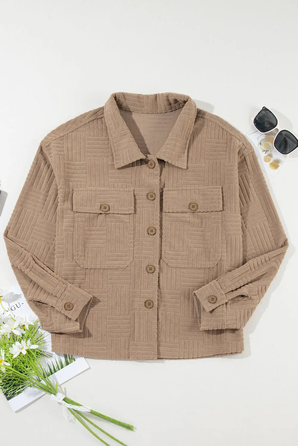 Dark Khaki Textured Chest Pocket Button-up Shacket - Chic Meadow Boutique 