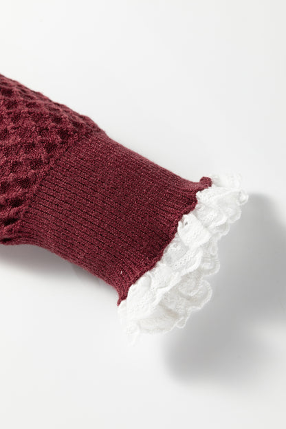Burgundy Contrast Lace Frilled Trim Raglan Sleeve Sweater