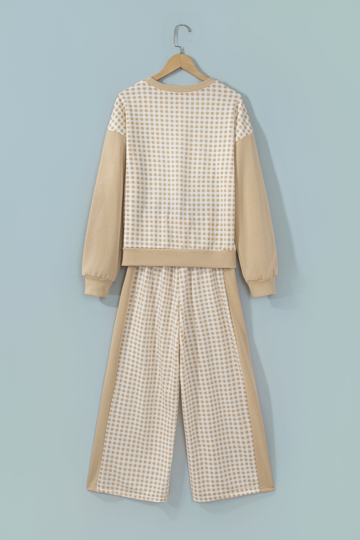 Khaki Color Block Plaid Patchwork Long Sleeve Pullover Wide Leg Pant Set
