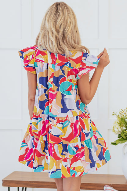 Pink Abstract Printed Ruffled Flutter Sleeve Tiered Mini Dress