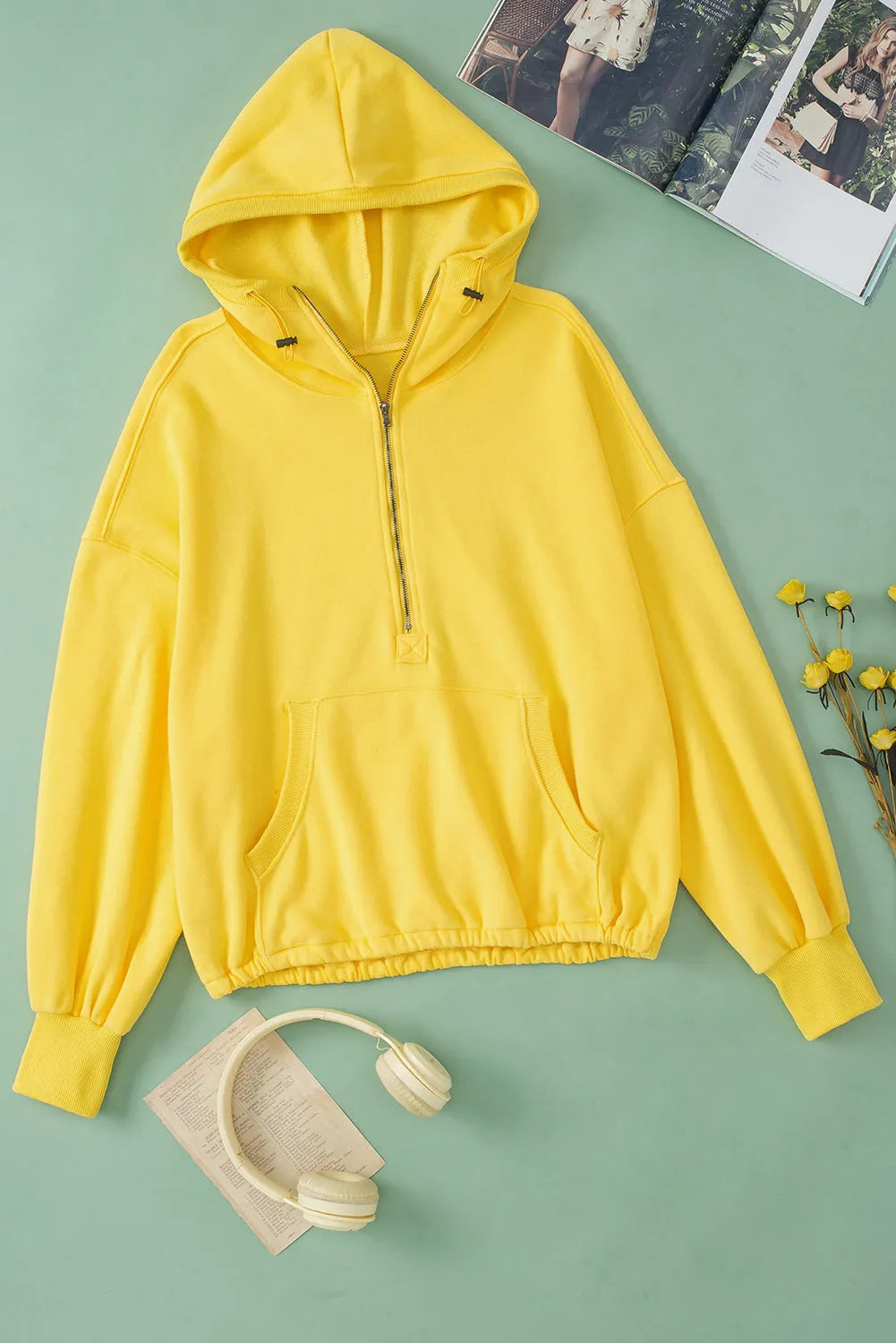 Yellow Ribbed Trim Kangaroo Pocket Zipped Hoodie - Chic Meadow Boutique 