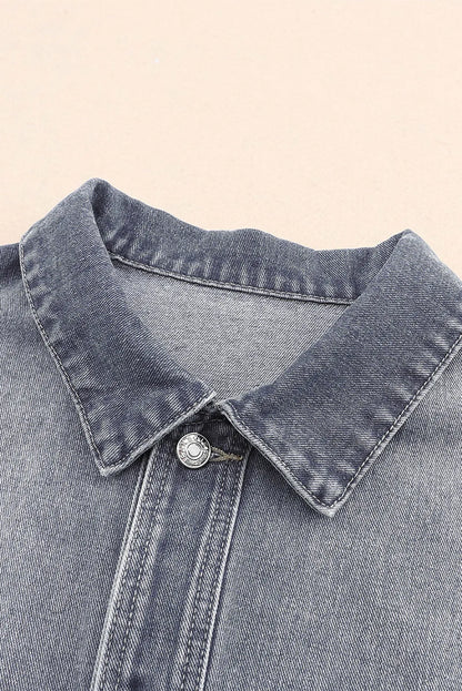 Gray Chest Pockets Drop Shoulder Loose Denim Jacket - Chic Meadow Boutique 