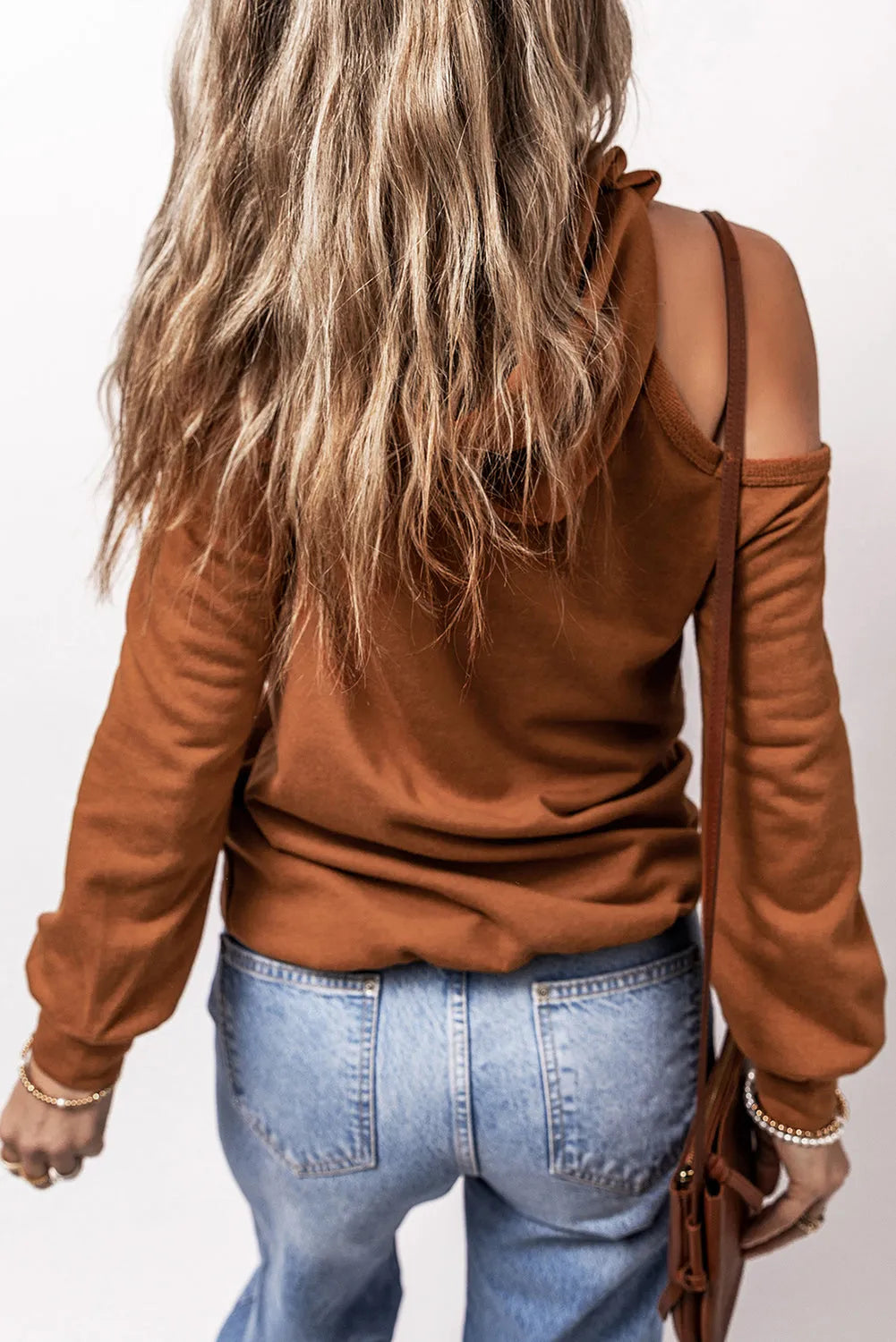 Cinnamon Exposed Seam Cold Shoulder Drawstring Hoodie - Chic Meadow Boutique 