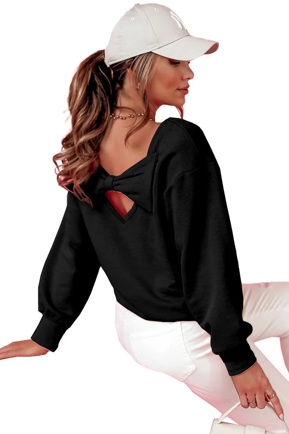 Black Bowknot Dewback Round Neck Sweatshirt - Chic Meadow Boutique 