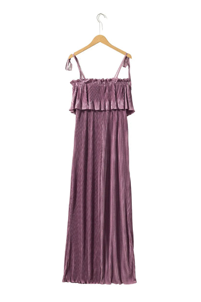 Rose Tan Solid Self Tied Straps Pleated Wide Leg Jumpsuit - Chic Meadow Boutique 