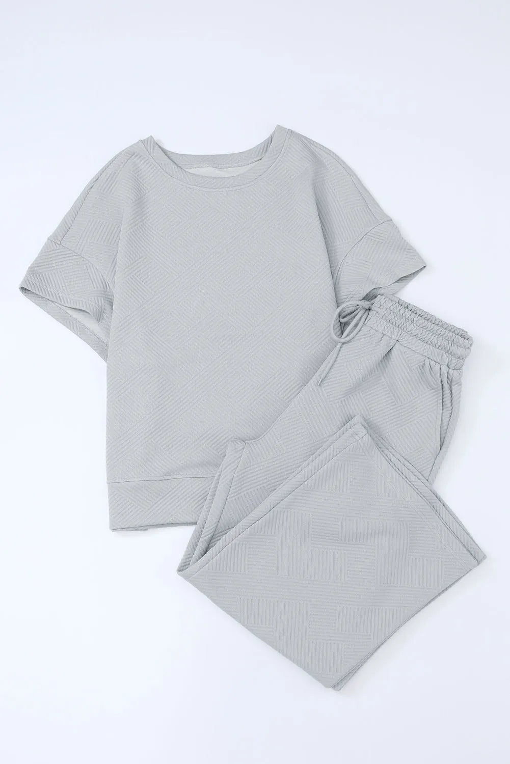 Gray Textured Loose Fit T Shirt and Drawstring Pants Set - Chic Meadow Boutique 